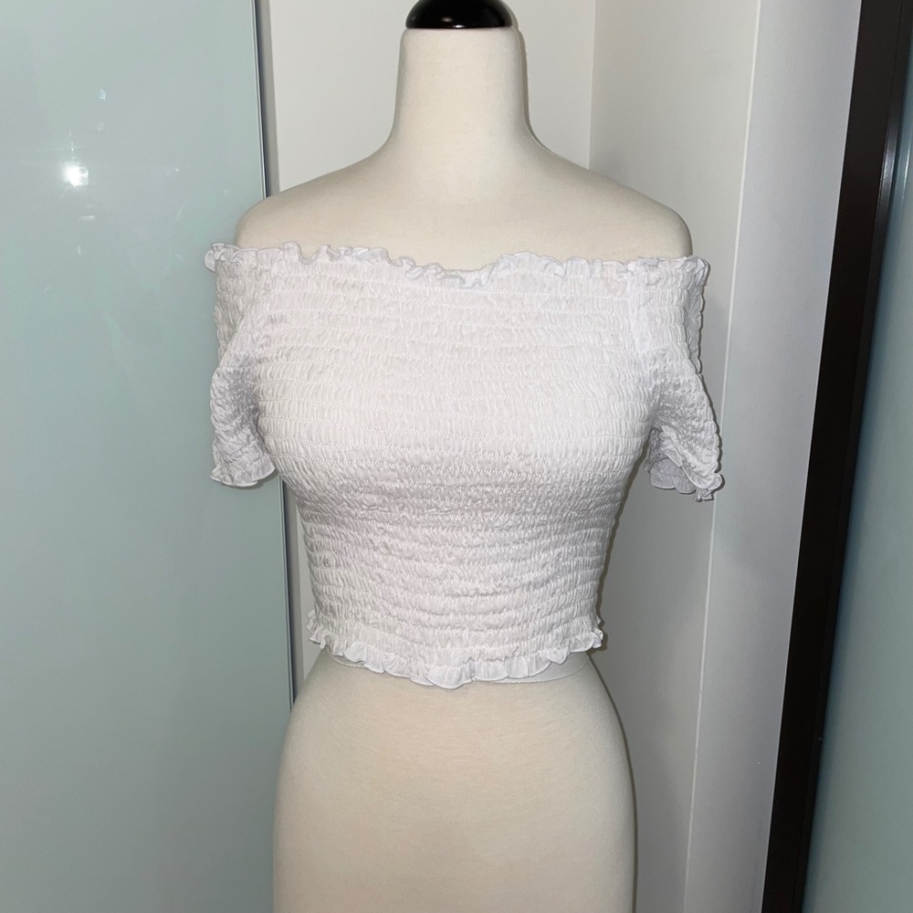 Roberta Oaks Smocked Off-Shoulder Crop Top, White